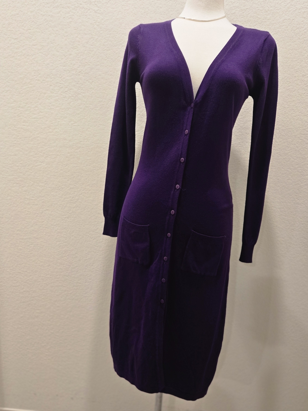 Button-Front Long Sleeve Midi Dress in Purple
